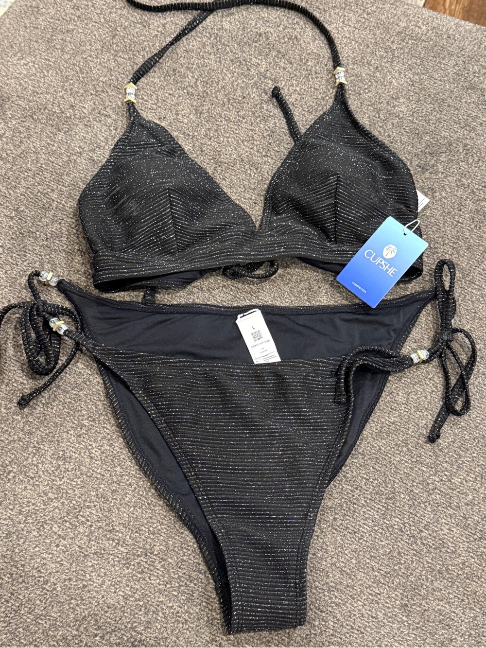 Cupshe Morning Surf Black Bikini Set Size Large